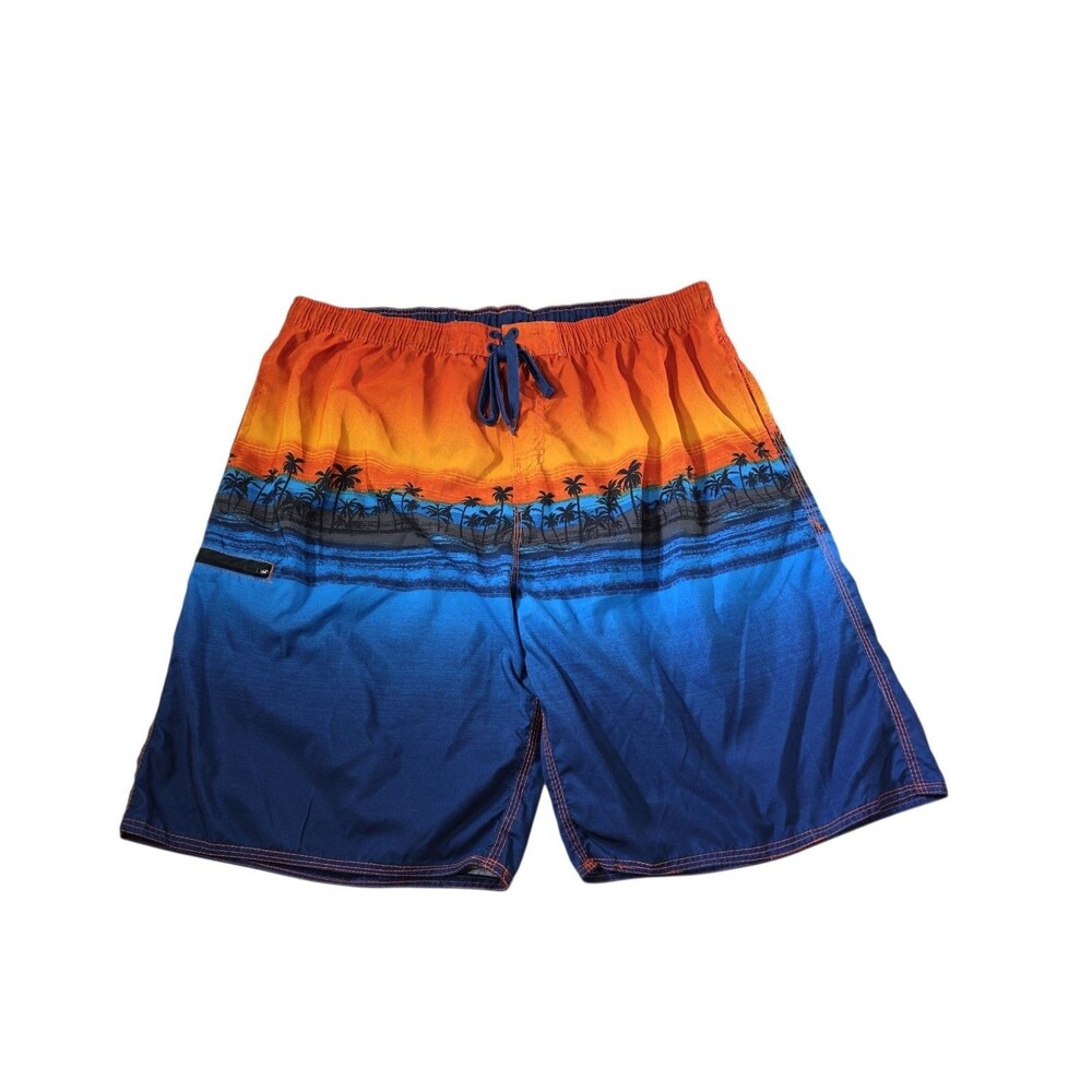 Burnside Mens 2XL Board Shorts Hawaiian Sunset Palm Tree Print Zip Pocket Blue